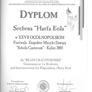 XXVII Schola Cantorum, Srebrna Harfa Eola - dyplom
